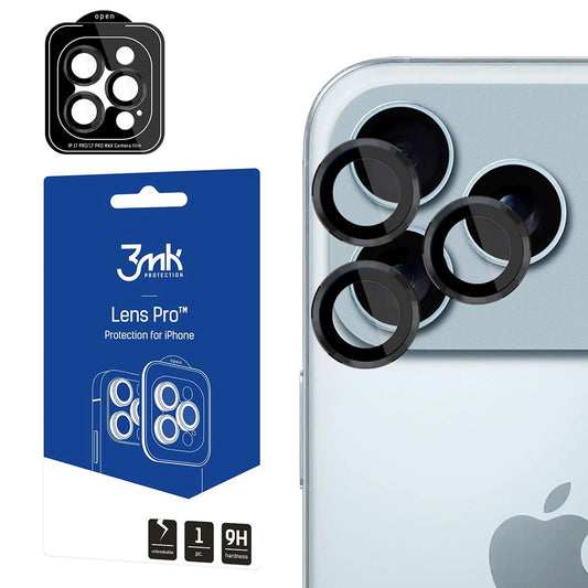Ochranná fólie 3MK Protection Pro na zadní kameru pro Apple iPhone 17 Pro Max / 17 Pro, Tvrzené sklo, Černá.