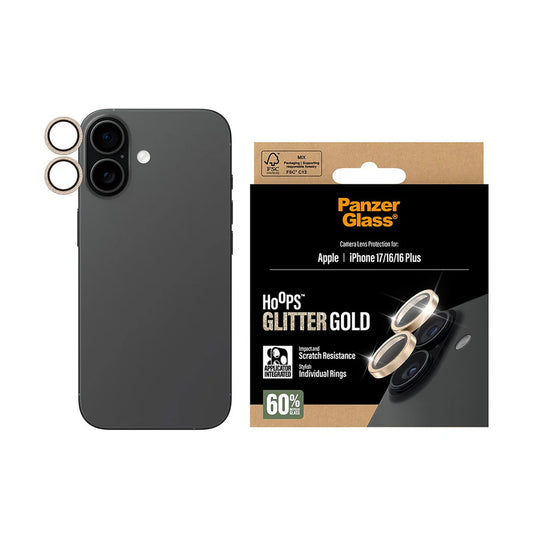 Ochranná fólie PanzerGlass Hoops Glitter na zadní kameru pro Apple iPhone 17 / 16 Plus / 16, Zpevněné sklo, Zlatá