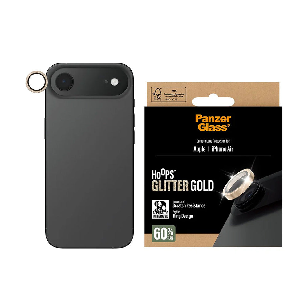 Ochranná fólie na zadní kameru PanzerGlass Hoops Glitter pro Apple iPhone 17 Air, Tvrzené sklo, Zlatá