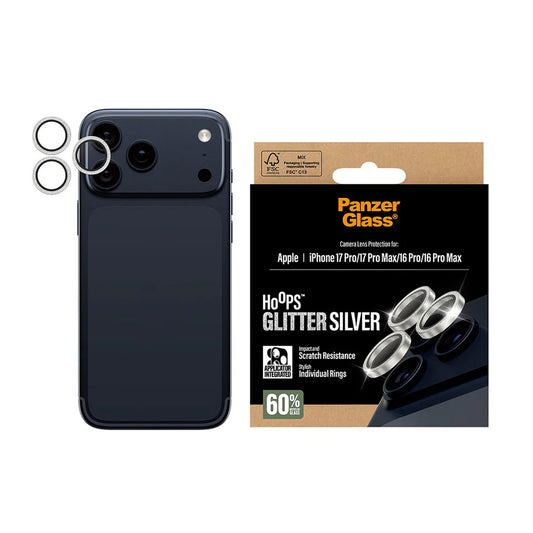 Ochranná fólie PanzerGlass Hoops Glitter na zadní kameru pro Apple iPhone 17 Pro Max / 17 Pro / 16 Pro Max / 16 Pro, Tvrzené sklo, Stříbrná