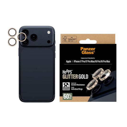 Ochranná fólie na zadní kameru PanzerGlass Hoops Glitter pro Apple iPhone 17 Pro Max / 17 Pro / 16 Pro Max / 16 Pro, Tvrzené sklo, Zlatá