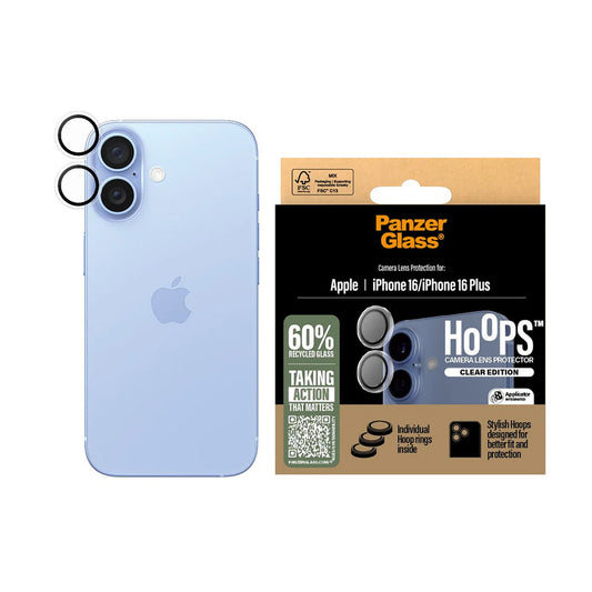 Ochranná fólie PanzerGlass Hoops na zadní kameru pro Apple iPhone 16 Plus / 16, Zpevněné sklo, Průhledná