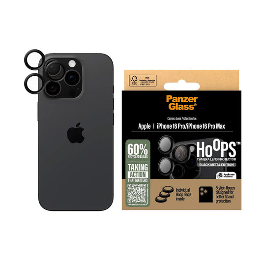 Ochranná fólie na zadní kameru PanzerGlass Hoops pro Apple iPhone 16 Pro Max / 16 Pro, Tvrzené sklo, Černá