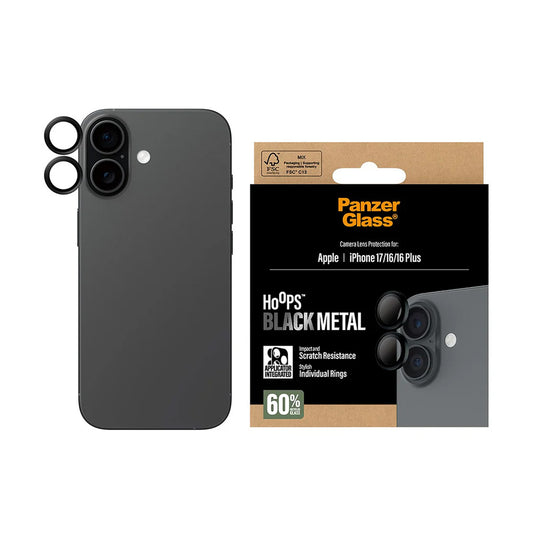 Ochranná fólie PanzerGlass Hoops na zadní kameru pro Apple iPhone 17 / 16 Plus / 16, Tvrzené sklo, Černá