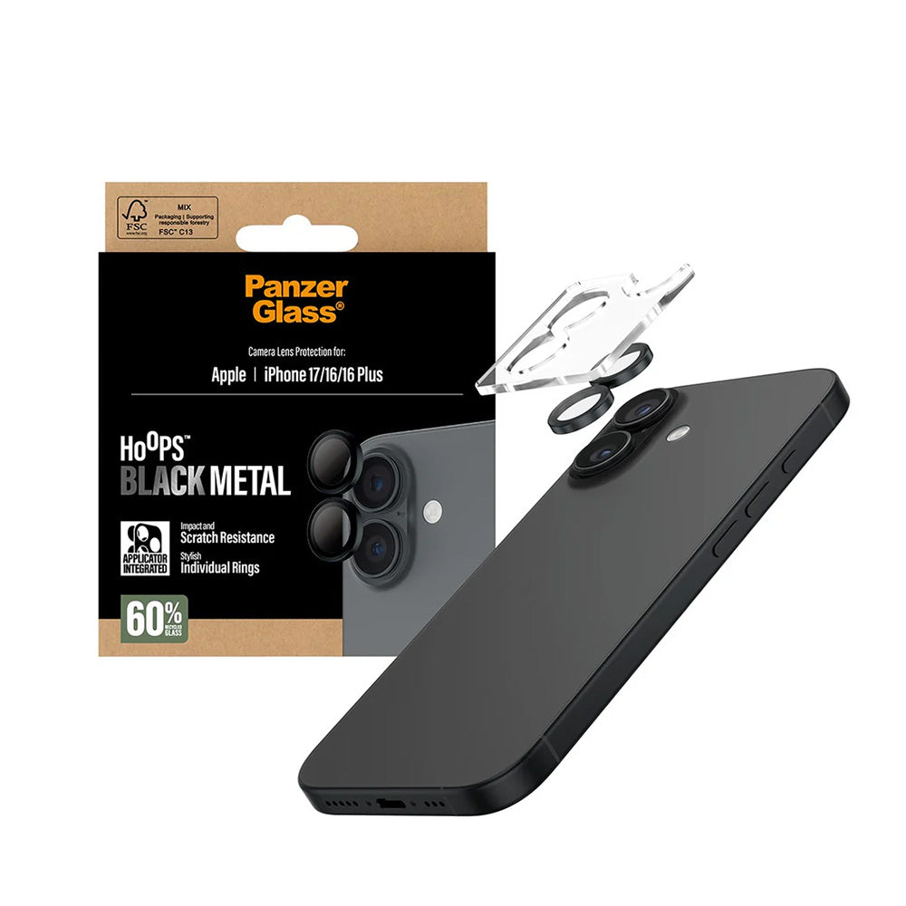Ochranná fólie PanzerGlass Hoops na zadní kameru pro Apple iPhone 17 / 16 Plus / 16, Tvrzené sklo, Černá