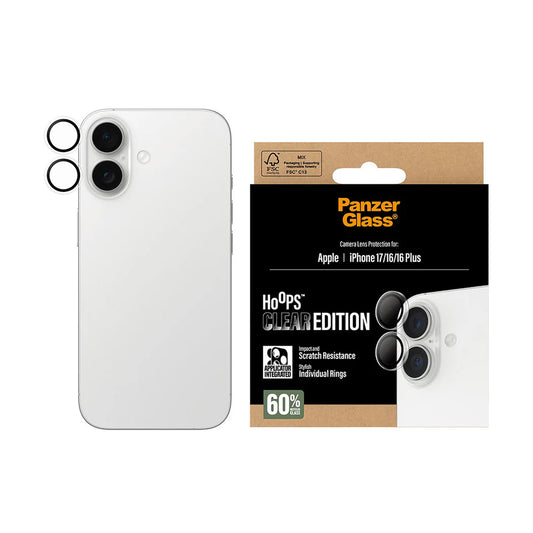 Ochranná fólie PanzerGlass Hoops na zadní kameru pro Apple iPhone 17 / 16 Plus / 16, Zpevněné sklo, Průhledná