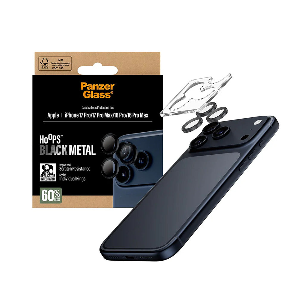 Ochranná fólie PanzerGlass Hoops na zadní kameru pro Apple iPhone 17 Pro Max / 17 Pro / 16 Pro Max / 16 Pro, Tvrzené sklo, Černá.