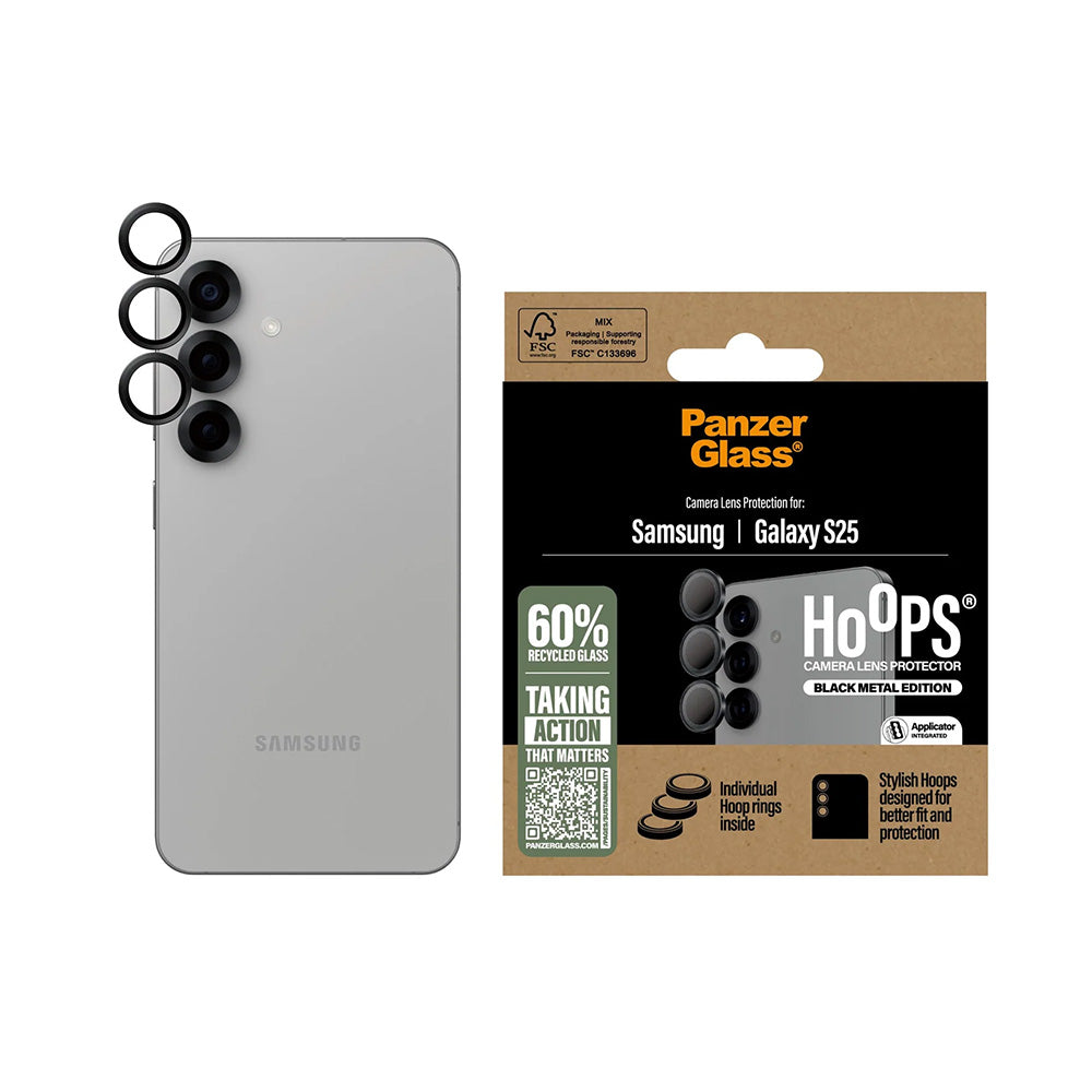 Ochranná fólie PanzerGlass Hoops na zadní kameru pro Samsung Galaxy S25 S931, Tvrzené sklo, Černá.