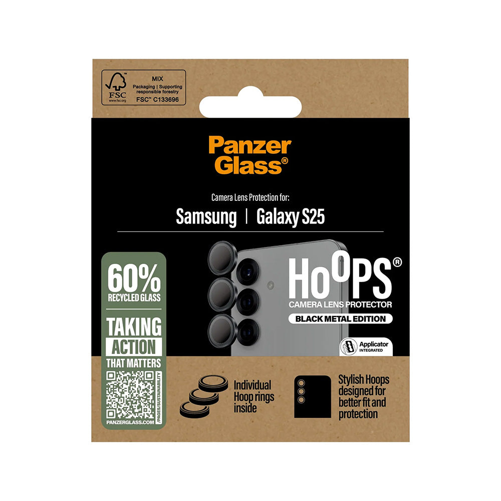 Ochranná fólie PanzerGlass Hoops na zadní kameru pro Samsung Galaxy S25 S931, Tvrzené sklo, Černá.