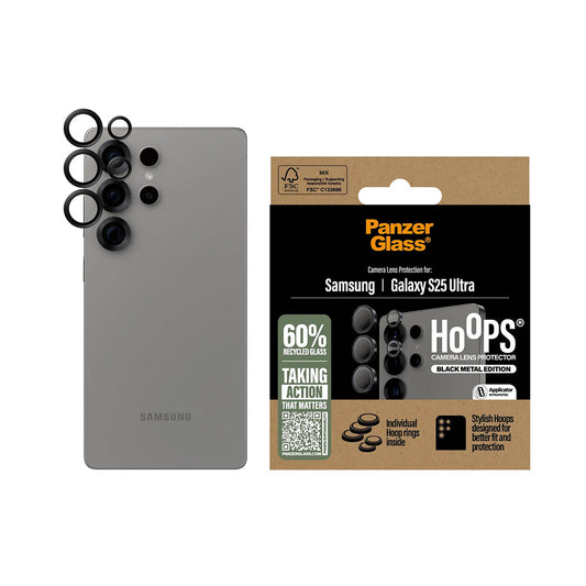 Ochranná fólie PanzerGlass Hoops na zadní kameru pro Samsung Galaxy S25 Ultra S938, Tvrzené sklo, Černá.