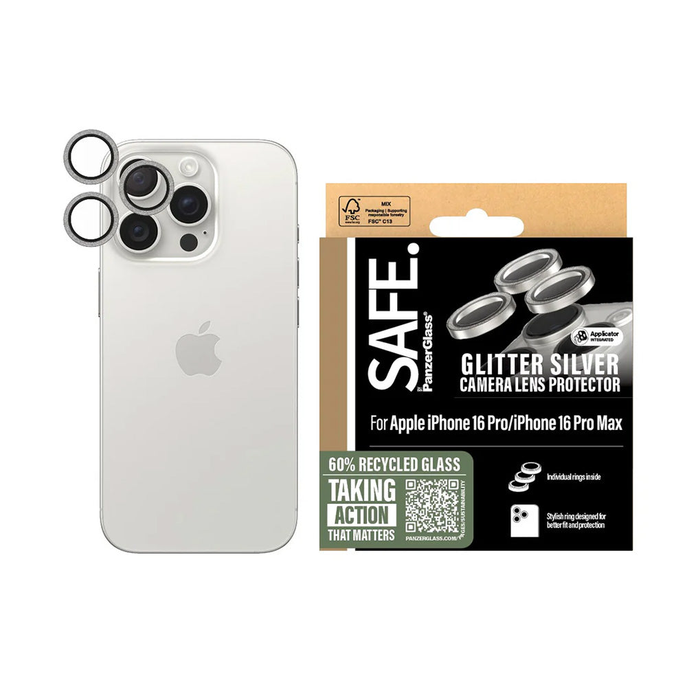 Ochranná fólie PanzerGlass Safe na zadní kameru. Glitter pro Apple iPhone 16 Pro Max / 16 Pro, Tvrzené sklo, Stříbrná.