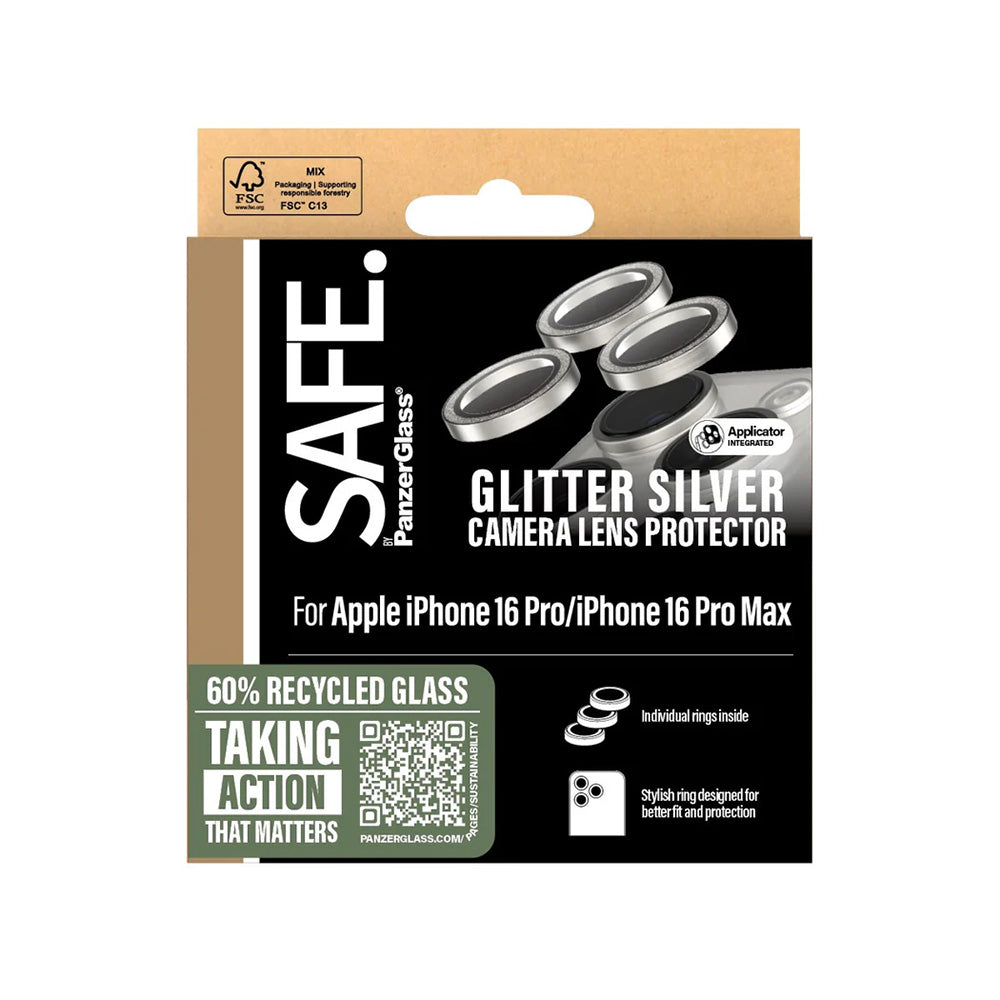 Ochranná fólie PanzerGlass Safe na zadní kameru. Glitter pro Apple iPhone 16 Pro Max / 16 Pro, Tvrzené sklo, Stříbrná.