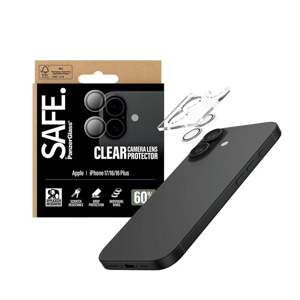 Ochranná fólie PanzerGlass Safe na zadní kameru pro Apple iPhone 17 / 16 Plus / 16, Zpevněné sklo, Průhledná