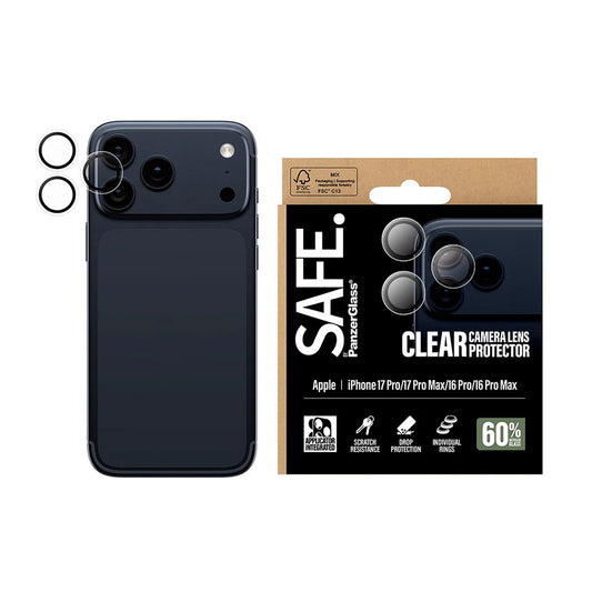 Ochranná fólie PanzerGlass Safe na zadní kameru pro Apple iPhone 17 Pro Max / 17 Pro / 16 Pro Max / 16 Pro, Tvrzené sklo, Průhledná