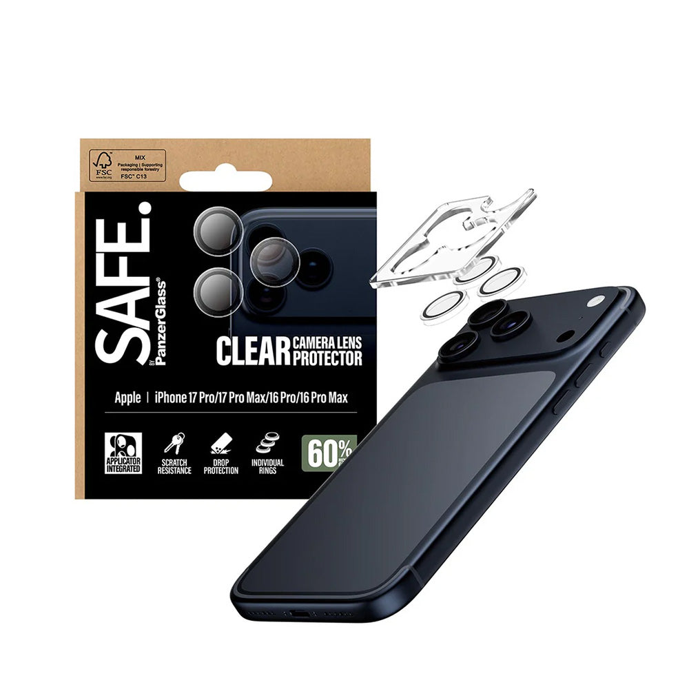 Ochranná fólie PanzerGlass Safe na zadní kameru pro Apple iPhone 17 Pro Max / 17 Pro / 16 Pro Max / 16 Pro, Tvrzené sklo, Průhledná