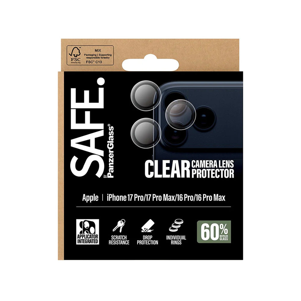Ochranná fólie PanzerGlass Safe na zadní kameru pro Apple iPhone 17 Pro Max / 17 Pro / 16 Pro Max / 16 Pro, Tvrzené sklo, Průhledná