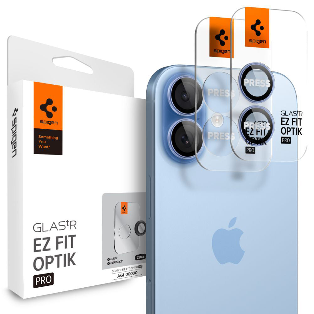 Ochranná fólie na zadní kameru Spigen GlastR EZ FIT Optik Pro pro Apple iPhone 17 / 16 Plus / 16, tvrzené sklo, sada 2 kusy, modrá