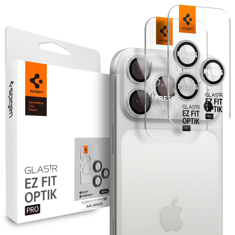 Ochranná fólie na zadní kameru Spigen GlastR EZ FIT Optik Pro pro Apple iPhone 17 Pro Max / 17 Pro, Tvrzené sklo, Sada 2 kusy, Stříbrná