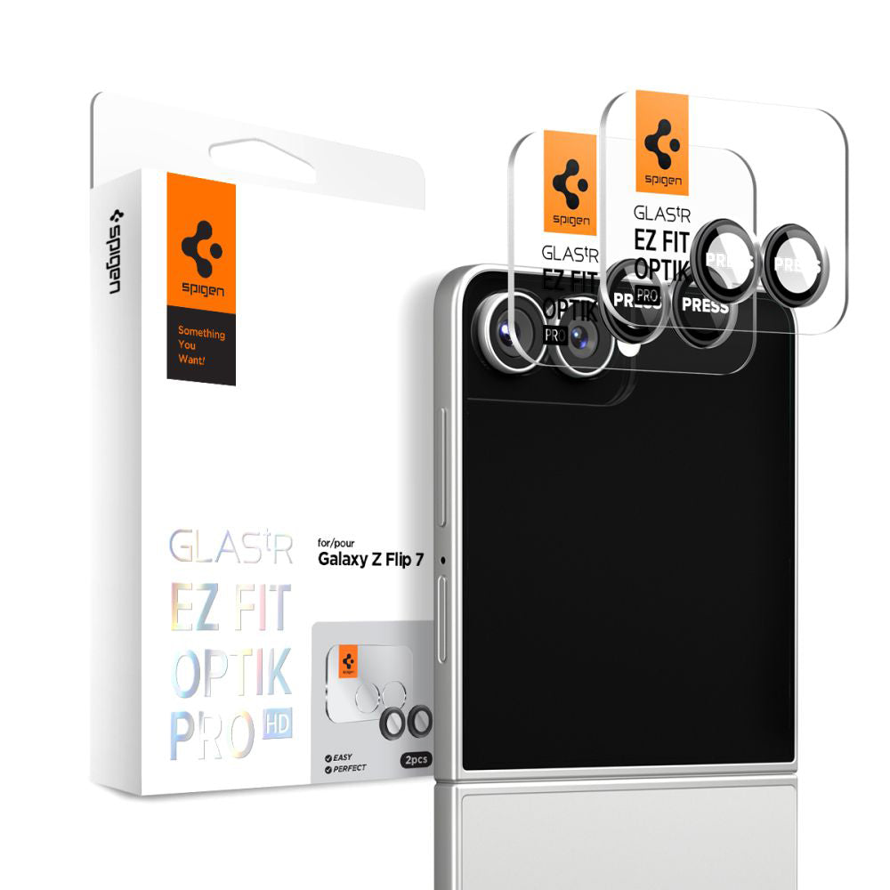 Ochranná fólie na zadní kameru Spigen GlastR EZ FIT Optik Pro HD pro Samsung Galaxy Z Flip7 F766, Tvrzené sklo, Sada 2 kusy, Černá AGL09587
