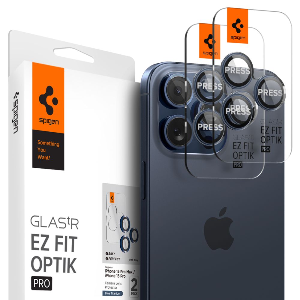 Ochranná fólie na zadní kameru Spigen GlastR EZ FIT Optik Pro pro Apple iPhone 16 Pro Max / 16 Pro, Tvrzené sklo, Sada 2 kusy, Modrá