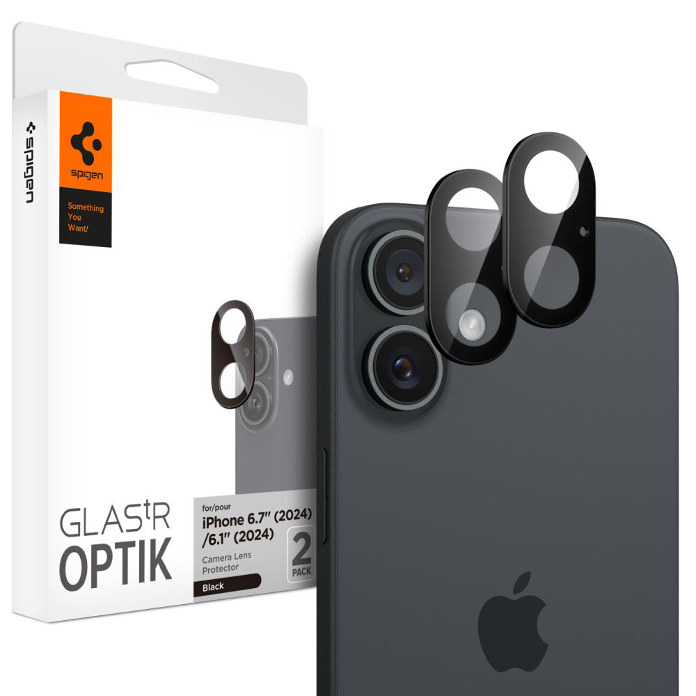 Ochranná fólie na zadní kameru Spigen GlastR Optik pro Apple iPhone 16 Plus / 16, Tvrzené sklo, Sada 2 kusy, Černá AGL07922