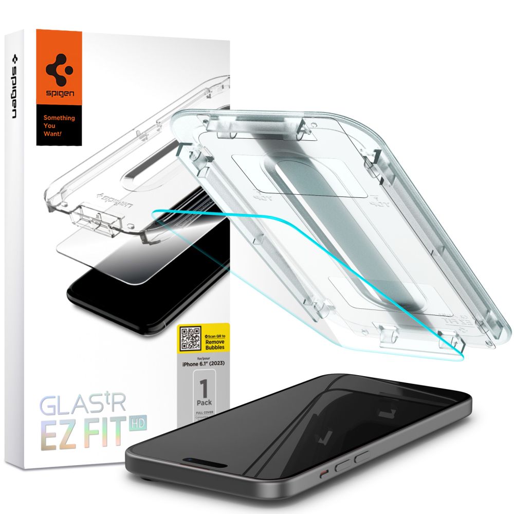 Ochranná fólie na displej Spigen GlastR EZ FIT HD pro Apple iPhone 15, Tvrzené sklo, Full Glue, 2.5D AGL06907