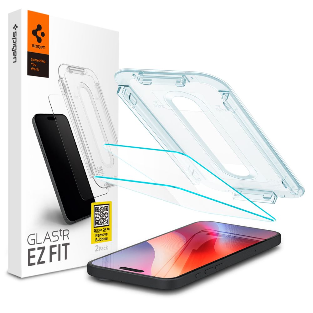 Ochranná fólie na displej Spigen GlastR EZ FIT pro Apple iPhone 17 Pro / 17 / 16 Pro, Tvrzené sklo, Plně lepená, Sada 2 kusy AGL07928
