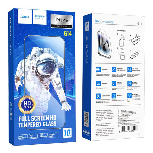 Ochranná fólie na displej HOCO G14 pro Apple iPhone 15 Pro, Tvrzené sklo, Full Glue, Sada 10 kusů, 5D, Černá