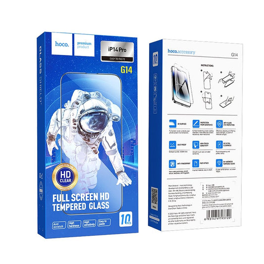 Ochranná fólie HOCO na displej pro Apple iPhone 14 Pro, Tvrzené sklo, Full Glue, Sada 10 kusů, Černá