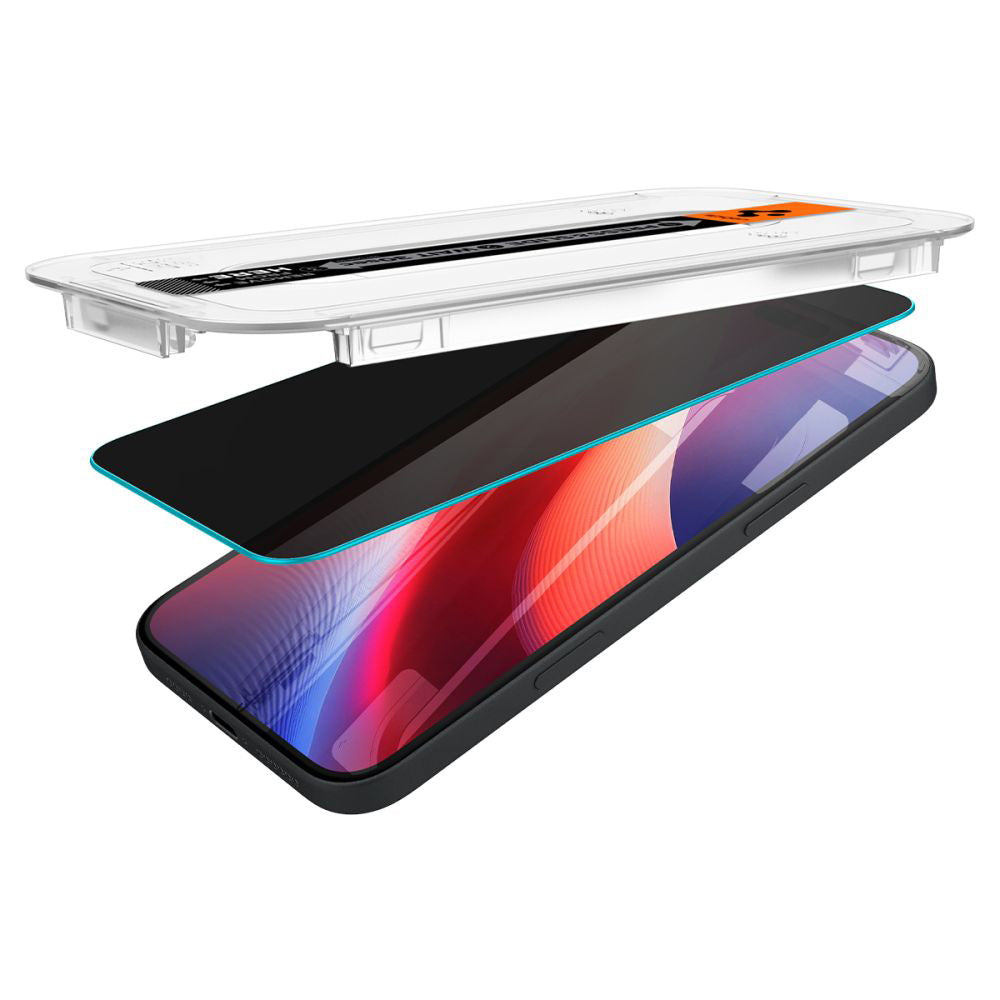 Ochranná fólie na displej Privacy Spigen GlastR EZ FIT pro Apple iPhone 16 / 15, Tvrzené sklo, Full Glue, Sada 2 kusy AGL06905