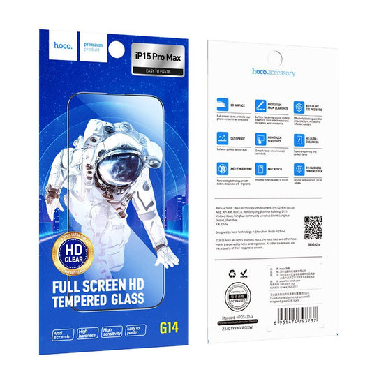 Ochranná fólie na displej HOCO G14 pro Apple iPhone 15 Pro Max, Tvrzené sklo, Full Glue, Sada 10 kusů, 5D, Černá