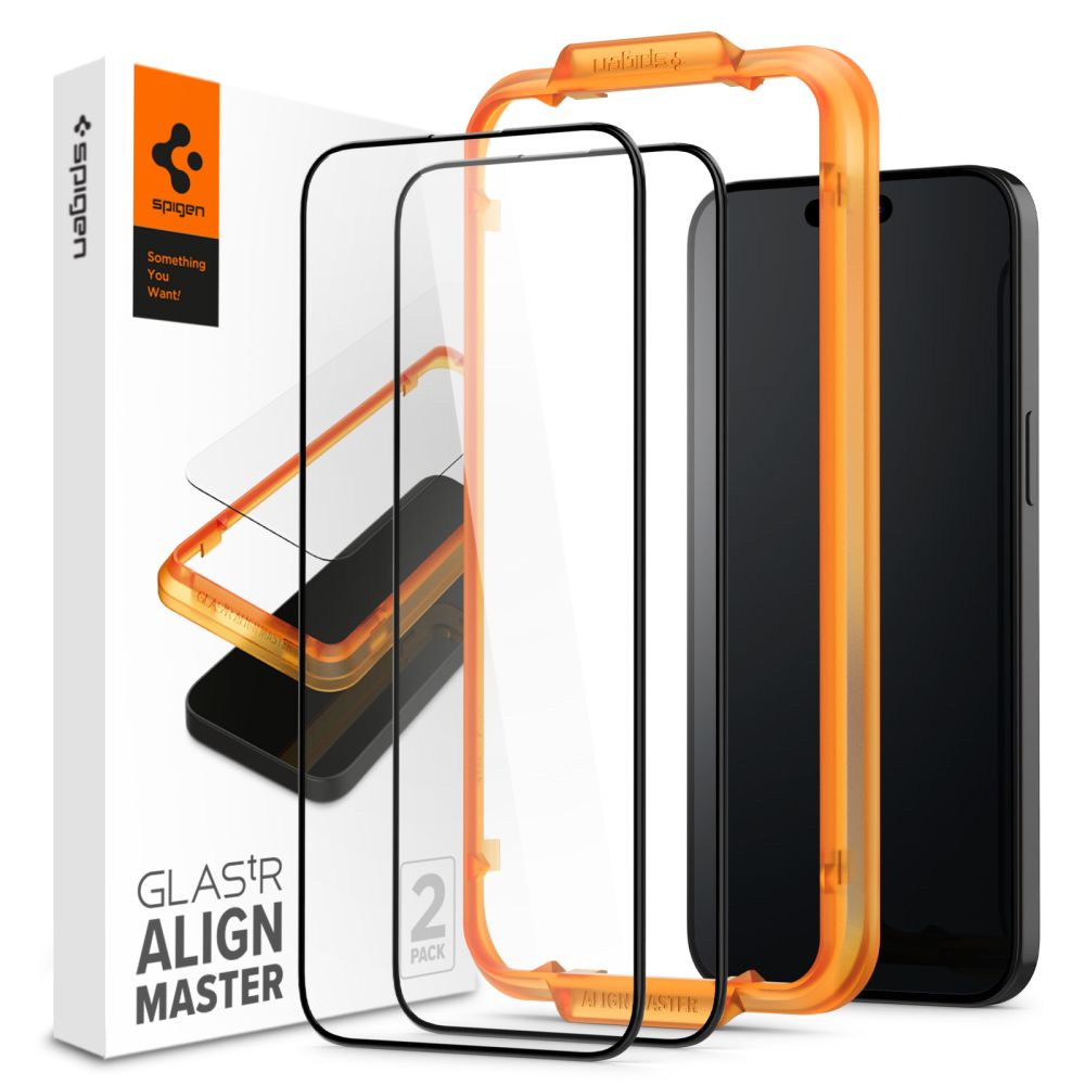 Spigen Align Master Screen Protector for Apple iPhone 15 Pro, Glass Shielded, Full Glue, Set 2 pieces, 2.5D, Black