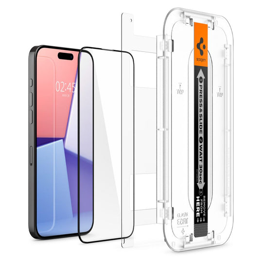 Spigen EZ FIT Screen Protector pro Apple iPhone 15, stíněné sklo, 2,5D, vhodné do pouzdra, černá AGL06908 AGL06908