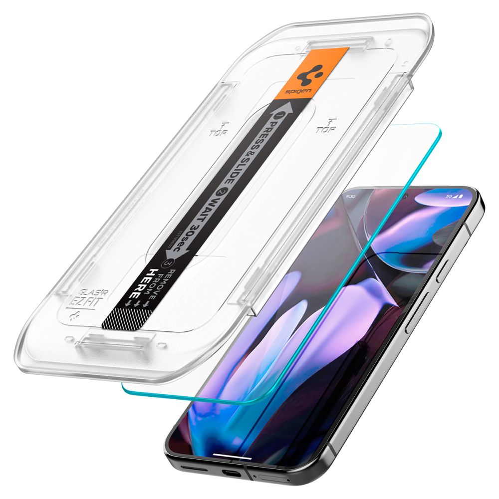 Ochranná fólie na displej Spigen GlastR EZ FIT pro Google Pixel 9 / 9 Pro, Tvrzené sklo, Full Glue, Sada 2 kusy, 2.5D AGL08442