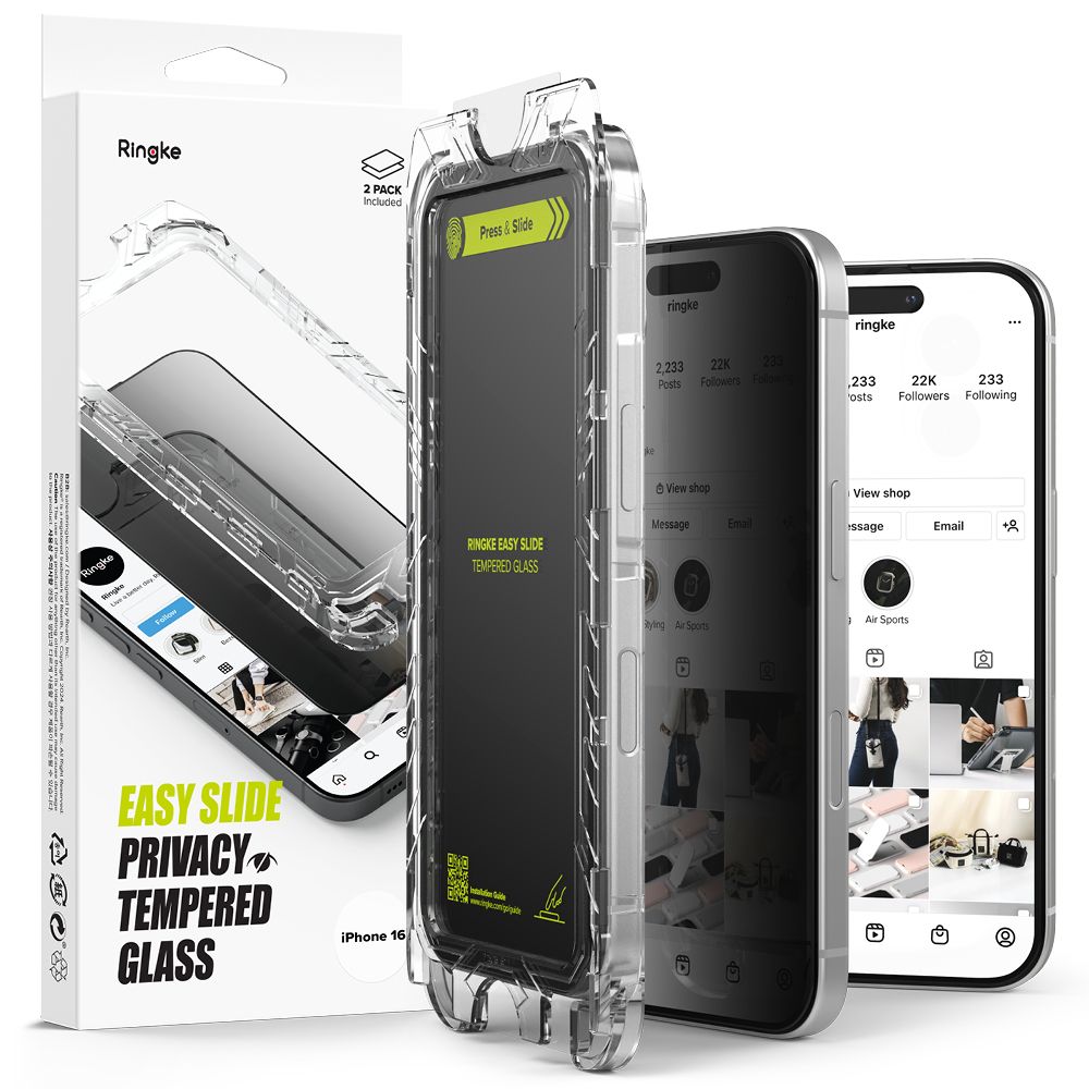 Ochranná fólie na displej Privacy Ringke Easy Slide pro Apple iPhone 16 / 15, Tvrzené sklo, Full Glue, Sada 2 kusy
