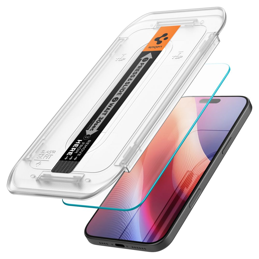 Ochranná fólie na displej Spigen GlastR EZ FIT pro Apple iPhone 17 Pro / 17 / 16 Pro, Tvrzené sklo, Plně lepená, Sada 2 kusy AGL07928