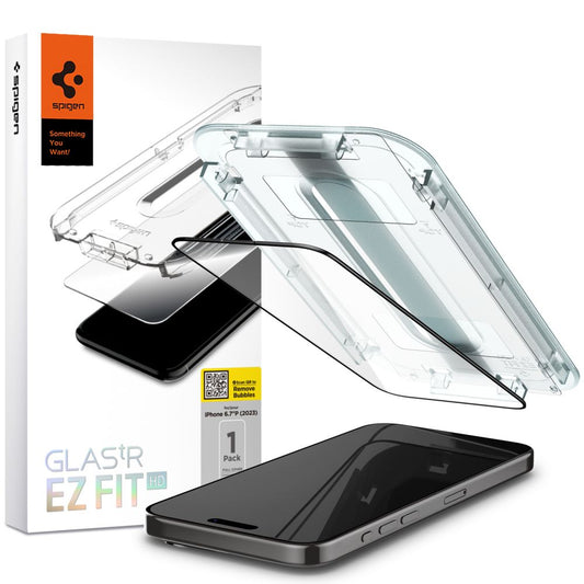 Spigen EZ FIT Screen Protector pro Apple iPhone 15, stíněné sklo, 2,5D, vhodné do pouzdra, černá AGL06908 AGL06908