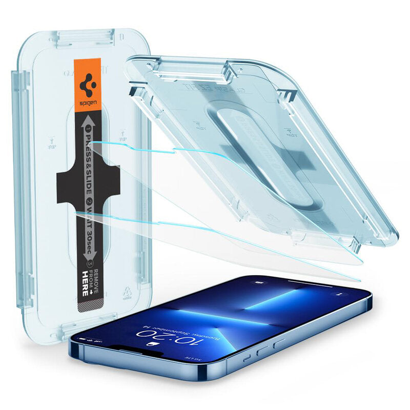 Ochranná fólie na displej Spigen GlastR EZ FIT pro Apple iPhone 17e / 16e / 14 / 13 Pro, Tvrzené sklo, Full Glue, Sada 2 kusy AGL03385
