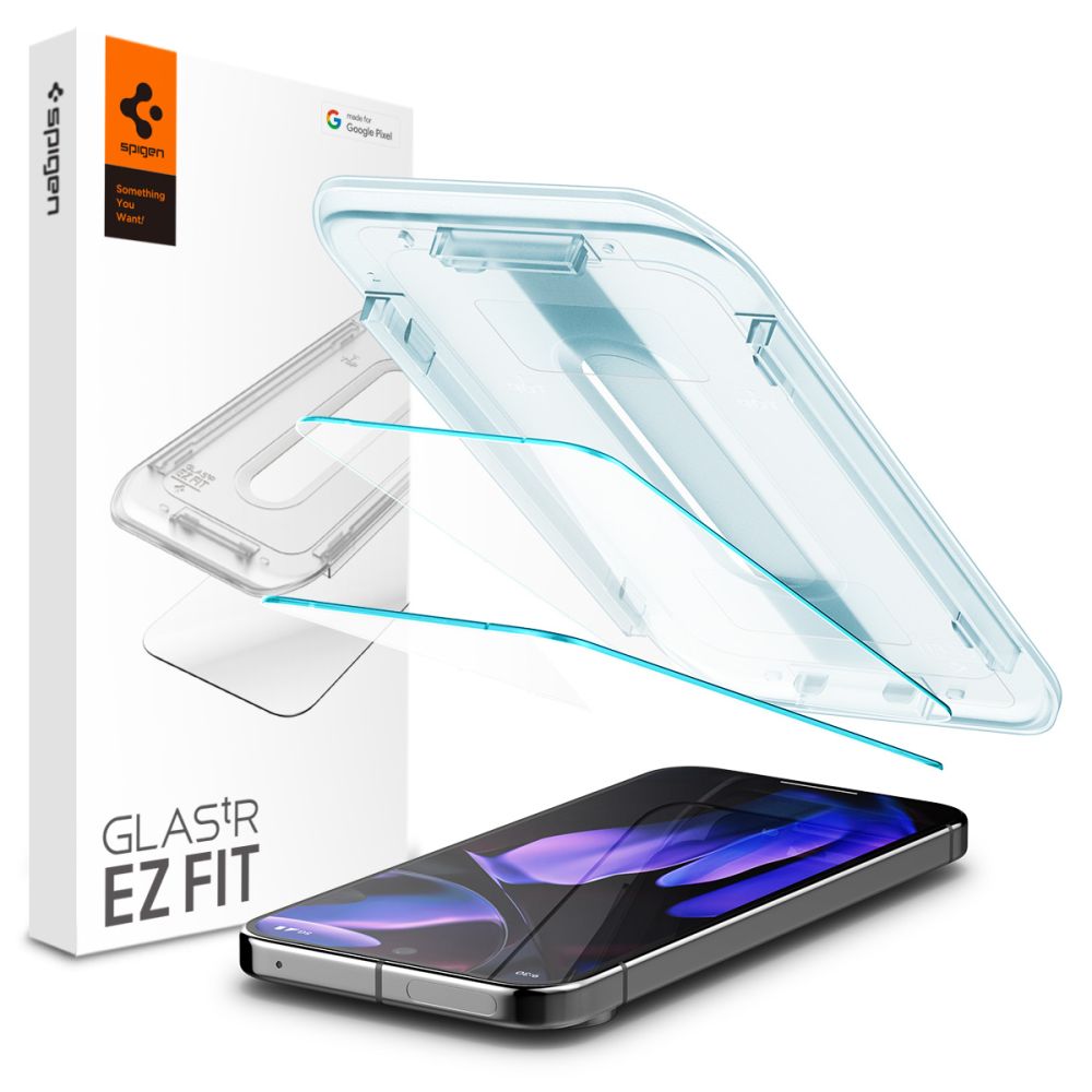 Ochranná fólie na displej Spigen GlastR EZ FIT pro Google Pixel 9 / 9 Pro, Tvrzené sklo, Full Glue, Sada 2 kusy, 2.5D AGL08442