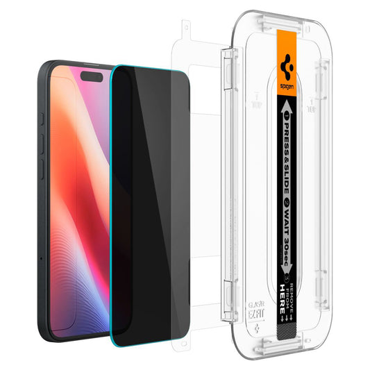 Ochranná fólie na displej Privacy Spigen GlastR EZ FIT pro Apple iPhone 16 / 15, Tvrzené sklo, Full Glue, Sada 2 kusy AGL06905