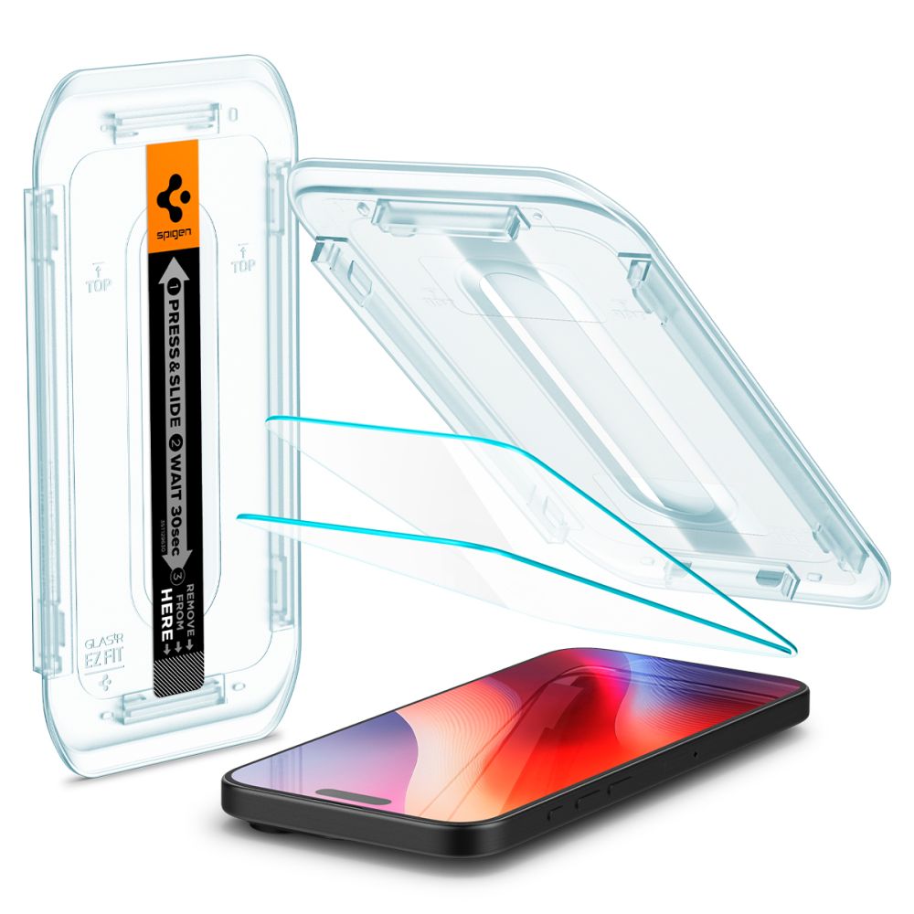 Ochranná fólie na displej Spigen GlastR EZ FIT pro Apple iPhone 17 Pro / 17 / 16 Pro, Tvrzené sklo, Plně lepená, Sada 2 kusy AGL07928