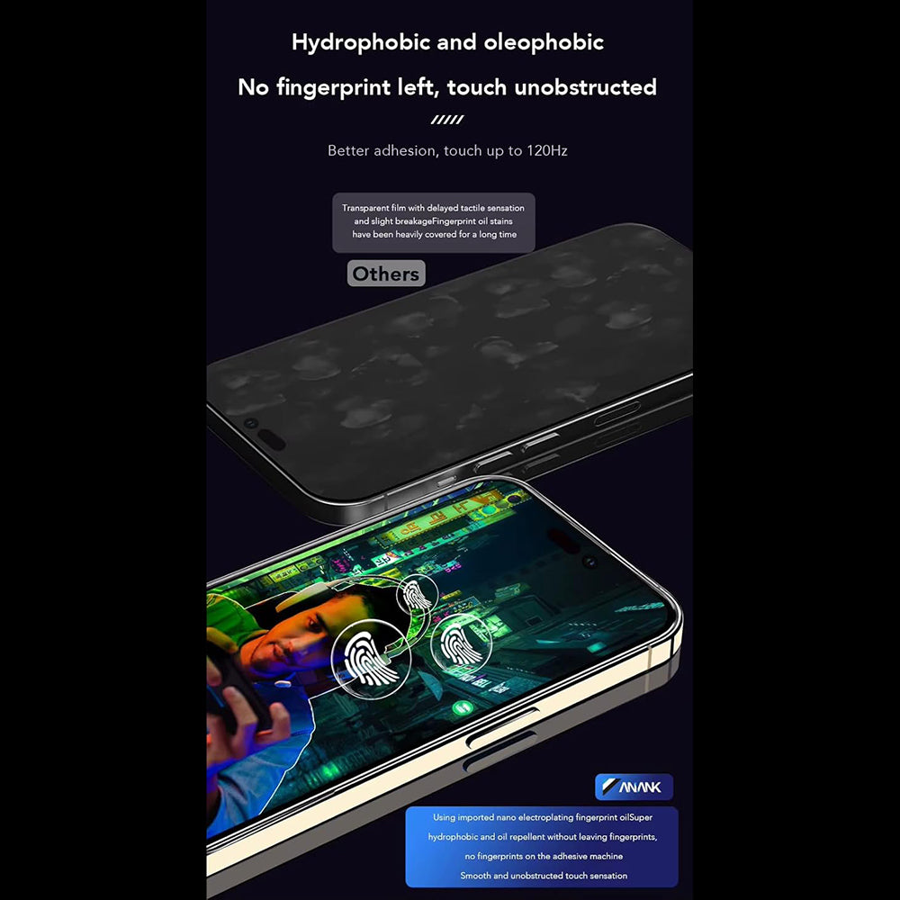 Ochranná fólie na displej Anank 1X Reinforced Anti-Fingerprint pro Apple iPhone 16, tvrzené sklo, plné lepidlo, 2.5D, černá