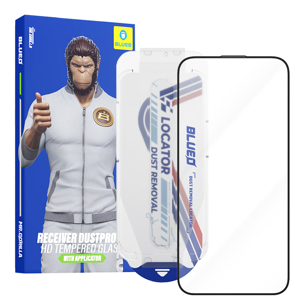 Ochranná fólie na displej Blueo Anti-Dust HD Applicator Pro pro Apple iPhone 16 Pro Max, tvrzené sklo, plné lepidlo, černá