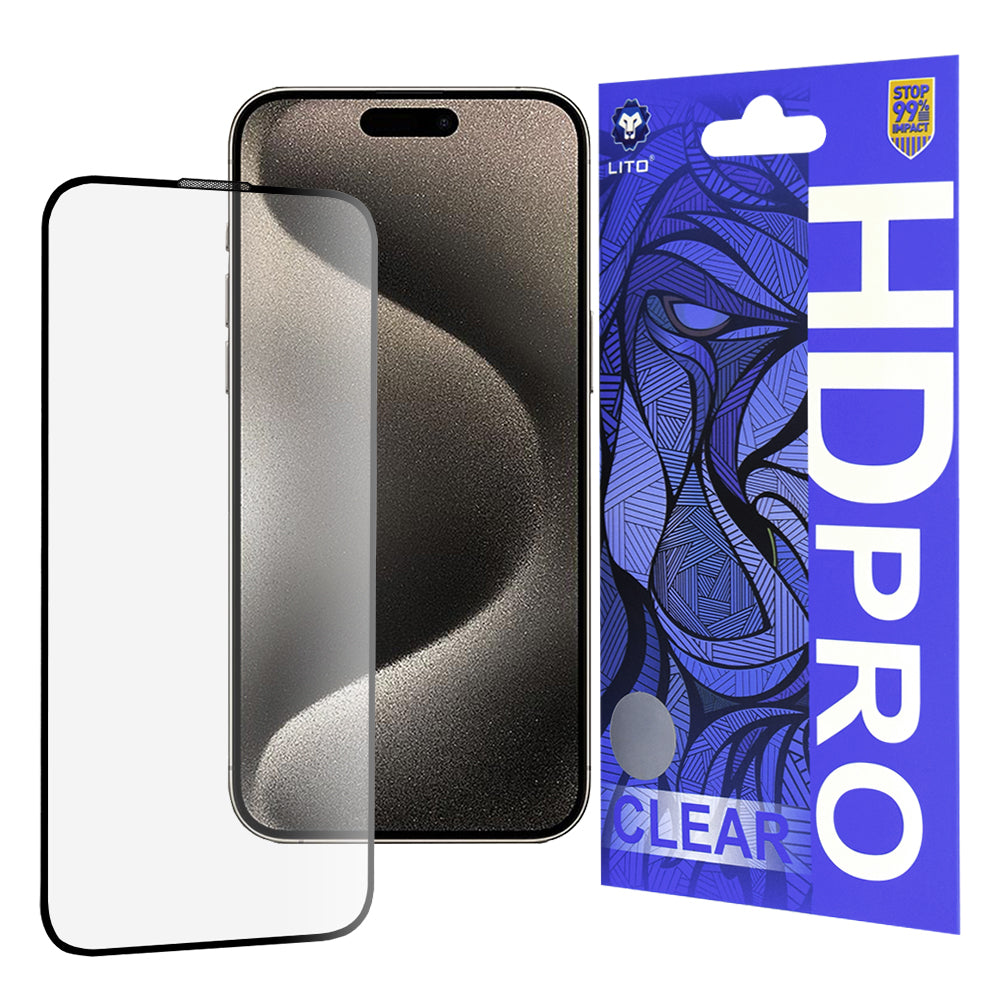 Ochranná fólie na displej Lito HD Pro Clear pro Apple iPhone 15 Pro Max, tvrzené sklo, plné lepidlo, černá