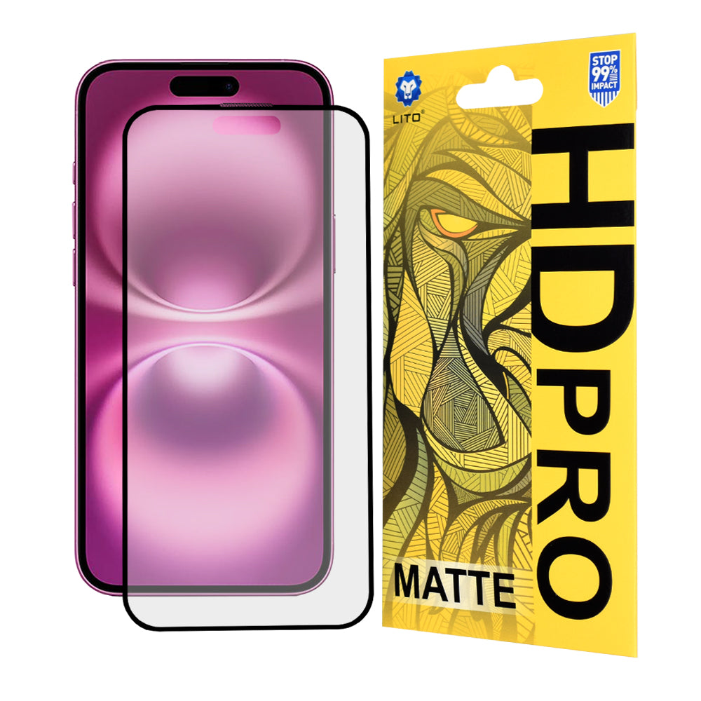 Matná ochranná fólie na displej Lito HD Pro pro Apple iPhone 16 Plus, tvrzené sklo, plné lepidlo, černá