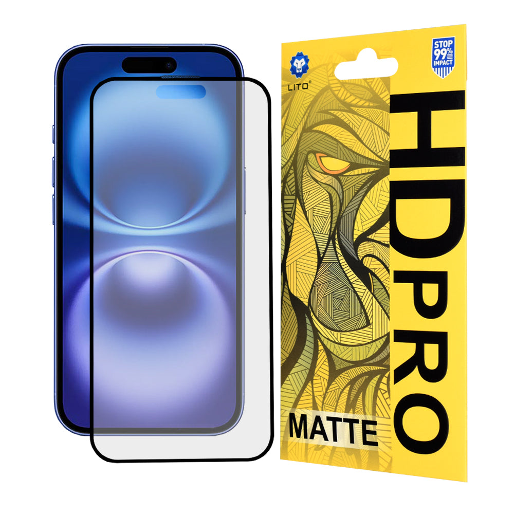 Matná ochranná fólie na displej Lito HD Pro pro Apple iPhone 16, tvrzené sklo, plné lepidlo, černá
