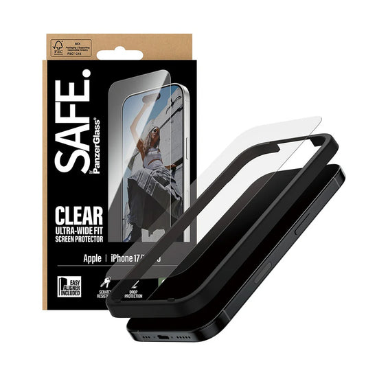 Ochranná fólie na displej PanzerGlass Safe. Ultra-Wide Fit EasyAligner pro Apple iPhone 17 / 16 Pro, Tvrzené sklo, Full Glue.