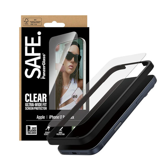 Ochranná fólie na displej PanzerGlass Safe. Ultra-Wide Fit EasyAligner pro Apple iPhone 17 Pro Max, Tvrzené sklo, Full Glue.