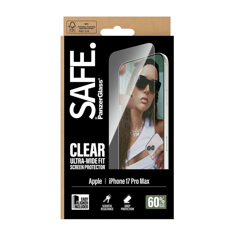 Ochranná fólie na displej PanzerGlass Safe. Ultra-Wide Fit EasyAligner pro Apple iPhone 17 Pro Max, Tvrzené sklo, Full Glue.