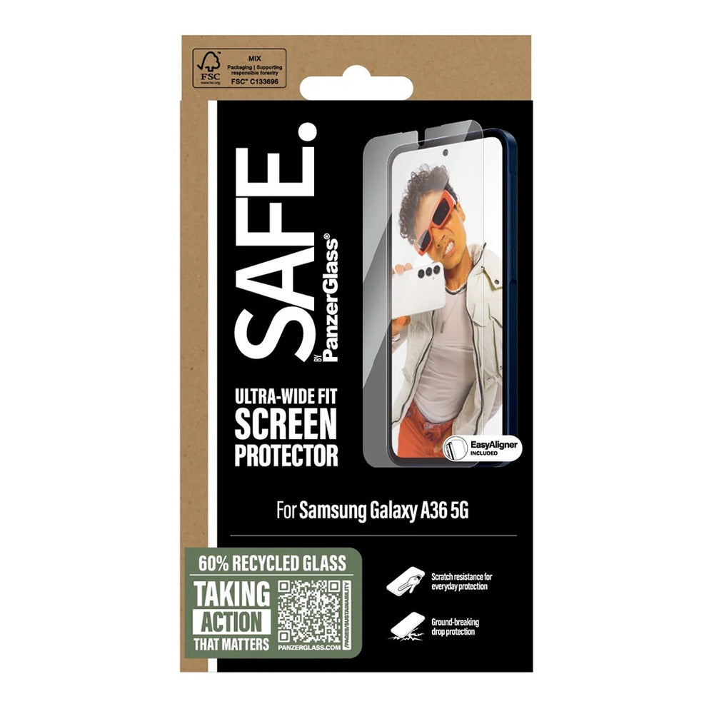 Ochranná fólie na displej PanzerGlass Safe. Ultra-Wide Fit EasyAligner pro Samsung Galaxy A36 A366, Tvrzené sklo, Full Glue.